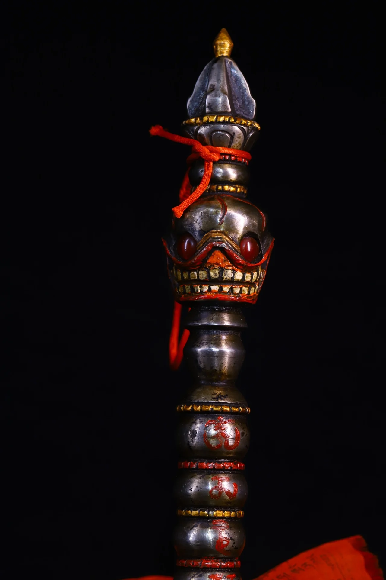 13"Folk Old Tiantie Cinnabar Mosaic Gem Skull Head Vajra Phurpa Amulet Dharma Town House Exorcism view 6