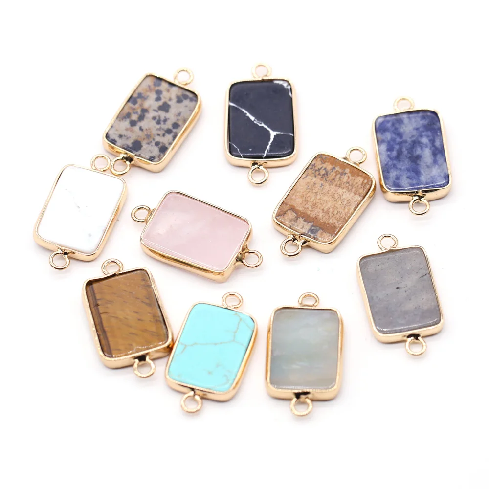 Fashion Rectangle Gem Stone Connector Natural Stone Pink Quartz Charms Pendant for Women Jewelry Making DIY Necklace Bracelet