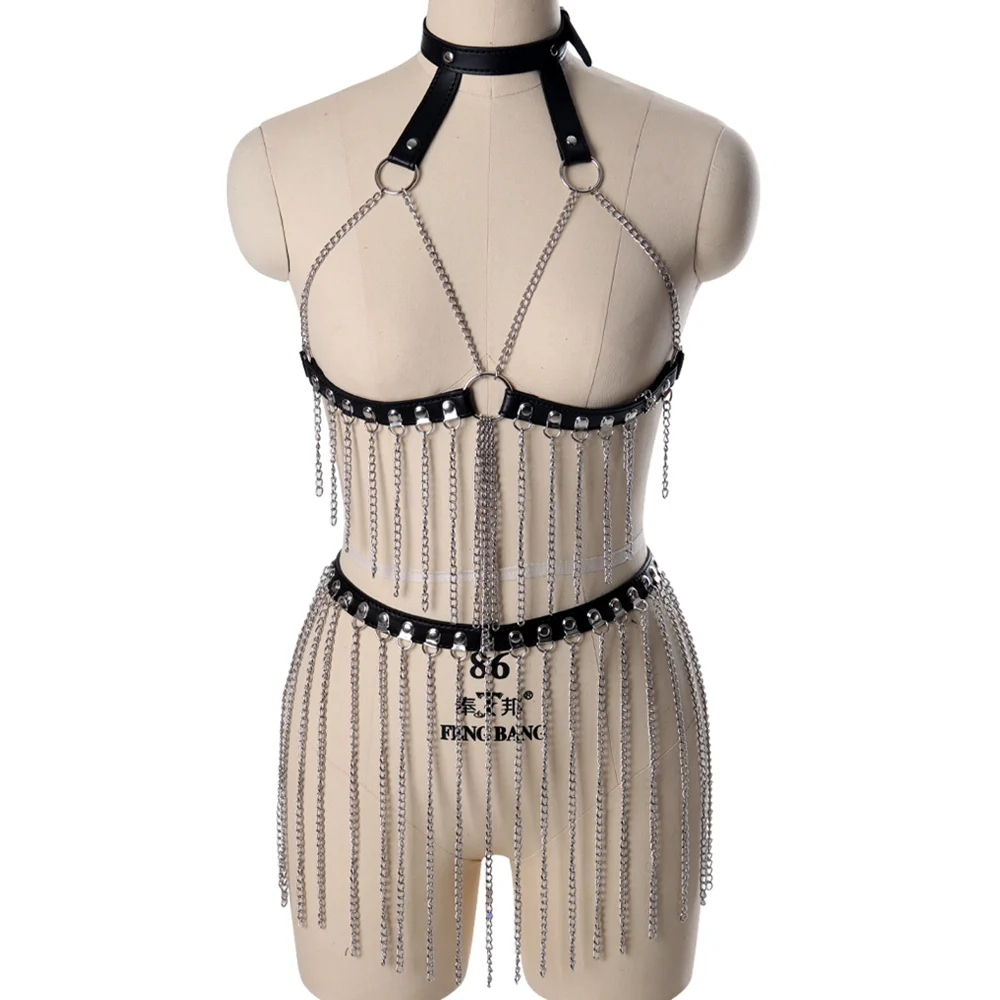 

Metal Chain Tassel Accessories Full Body Sexy Lingerie Set Erotic Underwear PU Leather Pole Dance Rave Wear Fetish Costume