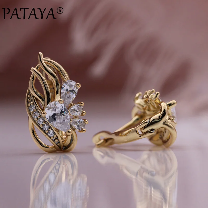 PATAYA New Trend Women Hollow Earrings Blue Water Drop Natural Zircon Earrings 585 Rose Gold Color Wedding Fashion Jewelry