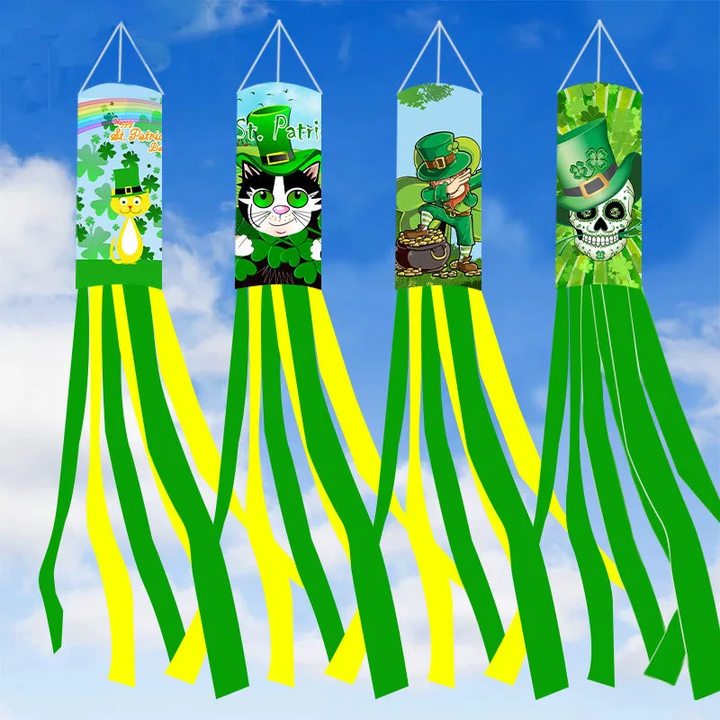 100pcs St. Patrick's Day Shamrock Windsock Flag Irish Green Truck Pattern Design Windsock Outdoor Hanging Decoration