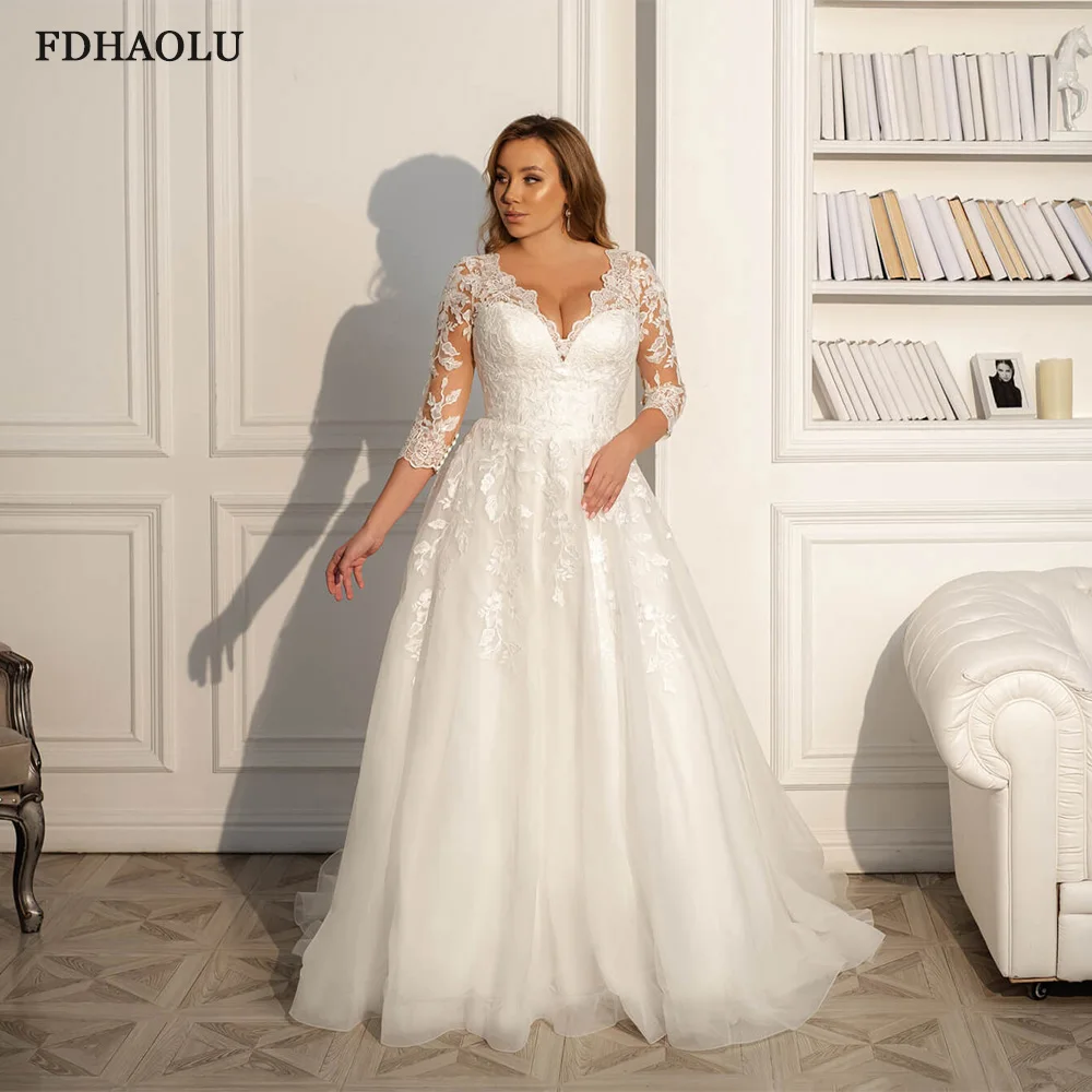 

FDHAOLU FU242 Modest Wedding Dress 2021 V Neck 3/4 Lace Sleeves Applique A Line White/ Ivory Tulle Bridal Gown Wedding Dresses