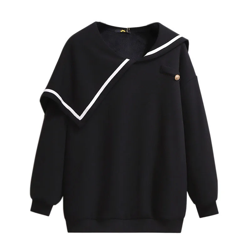 150Kg Plus Size Women's Winter Loose Fleece Striped Sailor Sweatshirts Bust 157cm 6XL 7XL 8XL 9XL 10XL Casual Long-Sleeved Tops