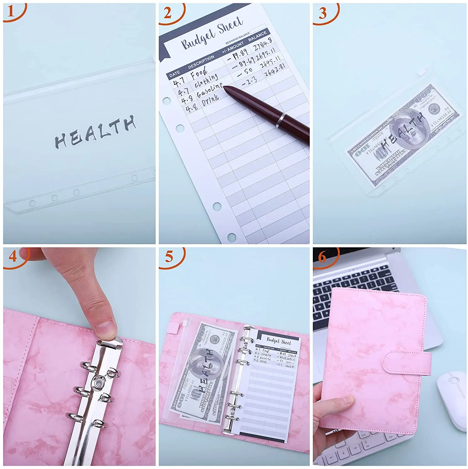 A6 PU Leather Budget Binder with Binder Pockets, Expense Budget Sheets, Sticker Labels,Budget Money Saving Cash Envelopes System