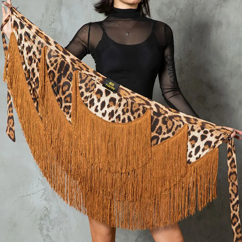 Leopard Latin Dance Dress Fringe Dance Skirt Tassel Hip Scarf Rumba Cha Cha Salsa Performing Costume Women Practice Dance Skirt