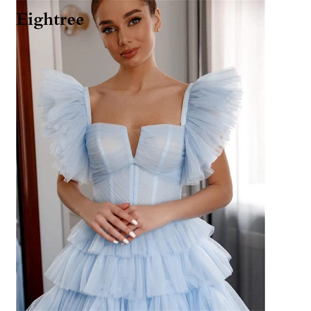 Eightree 2021 Sky Blue Ruffled Long Tulle Cake Evening Dresses  A Line Sleeveless Tiered  Floor Length Prom Ball Gowns