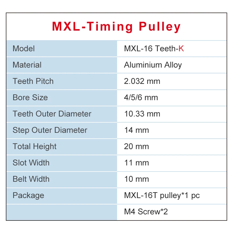 2 pcs MXL-16T Timing Pulley Bore 4/5/6 mm Pulley Wheel Slot Width11 mm Match with Width 10 mm MXL-Timing belt For 3D Printers