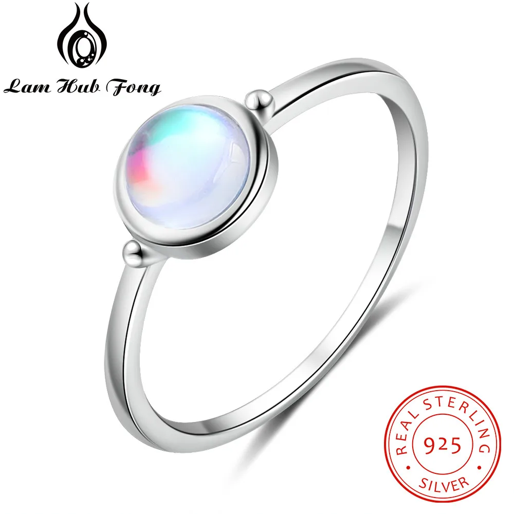 925 Sterling Silver Round Moonstone Ring Minimalist Thin Women Engagement Ring Wedding Band Silver 925 Jewelry (Lam Hub Fong)