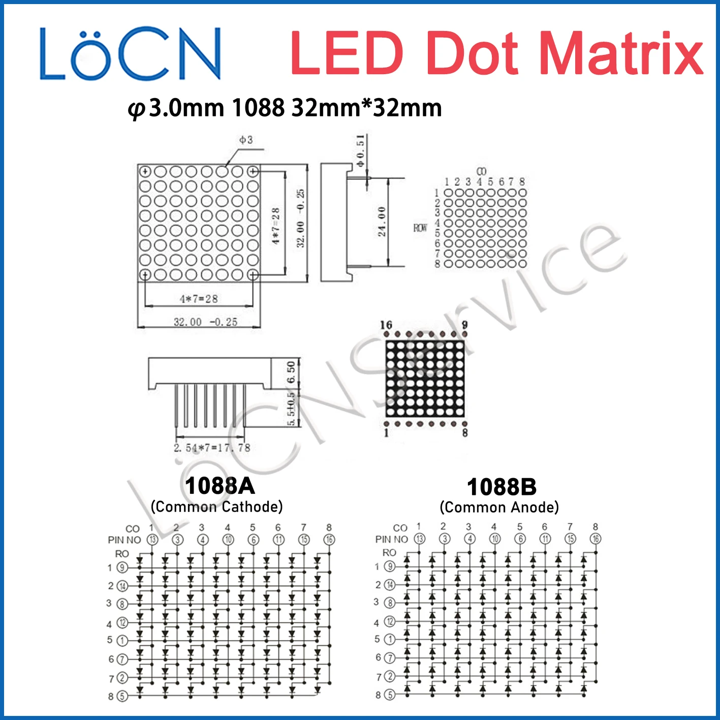 8x8 3mm 1088 rosso verde blu bianco LED modulo Display a matrice di punti anodo catodico comune 32*32mm 1.9mm 3.0mm 8*8 tubo digitale fai da te