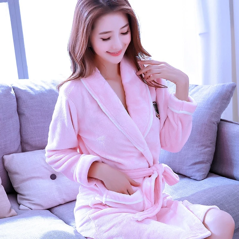 

H5947 Women Cute Robes Winter Plus Thick Flannel Bathrobe Home Clothes Female Coral Velvet Long Sleeve Warm Thermal Nightwear