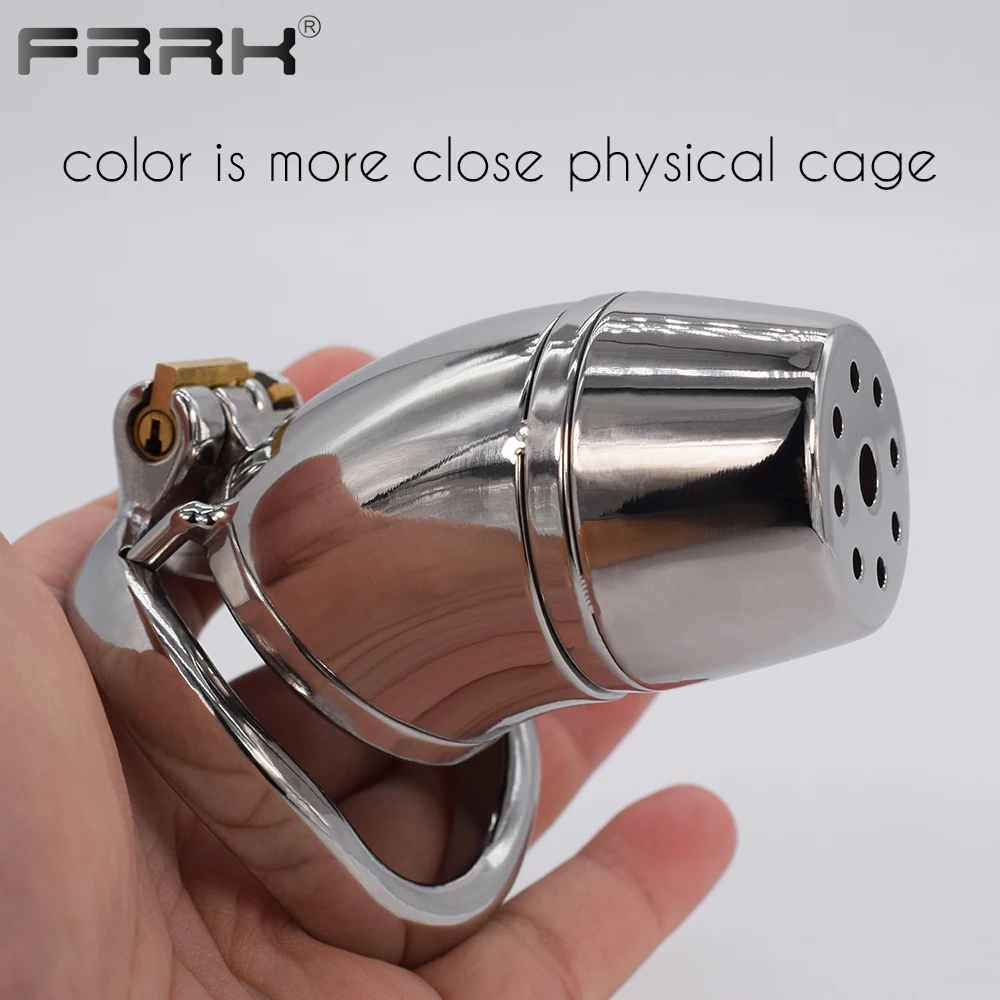 FRRK Male Chastity Device Full Closed Steel Cock Cage BDSM Adult Sex Toys Metal Bondage Belts for Men Shower Head Penis Rings