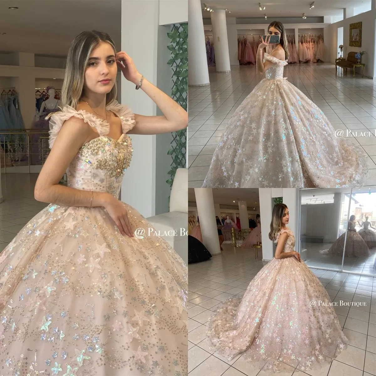 

Blush Pink Star 2022 Quinceanera Dresses Lace Up Appliqued Off the Shoulder Ball Gown Prom Party Wear Sweet 16 Dress Vestidos