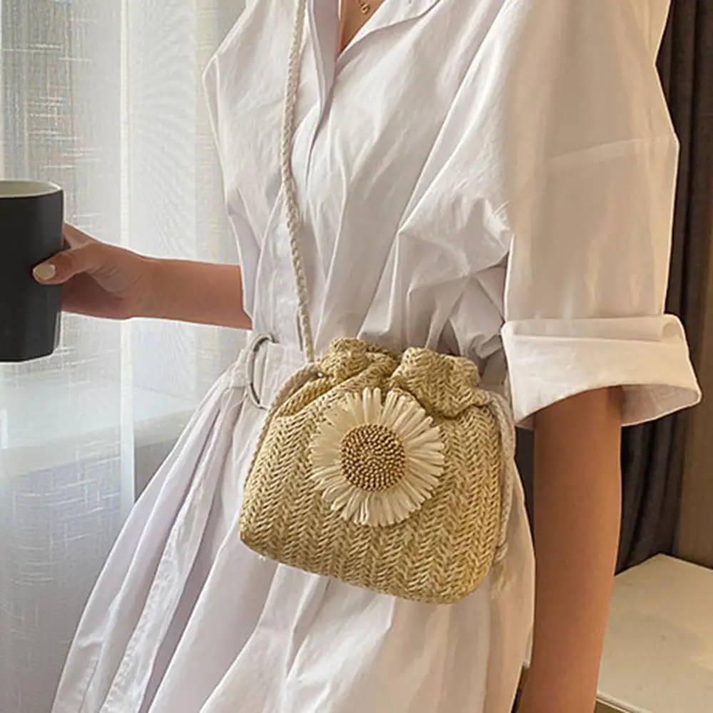 Fashion Women Knitting Sunflower Straw Shoulder Bag Drawstring Bucket Pouch