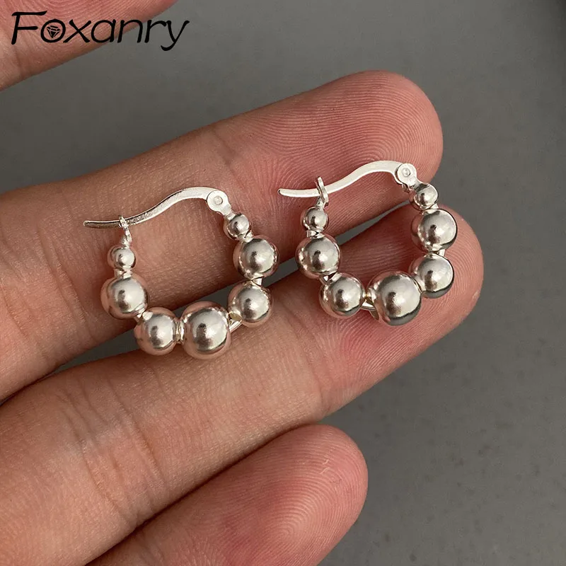 

FOXANRY Prevent Allergy Silver Color Hoop Earrings for Women Simple Trendy Elegant String of Beads Birthday Party Jewelry