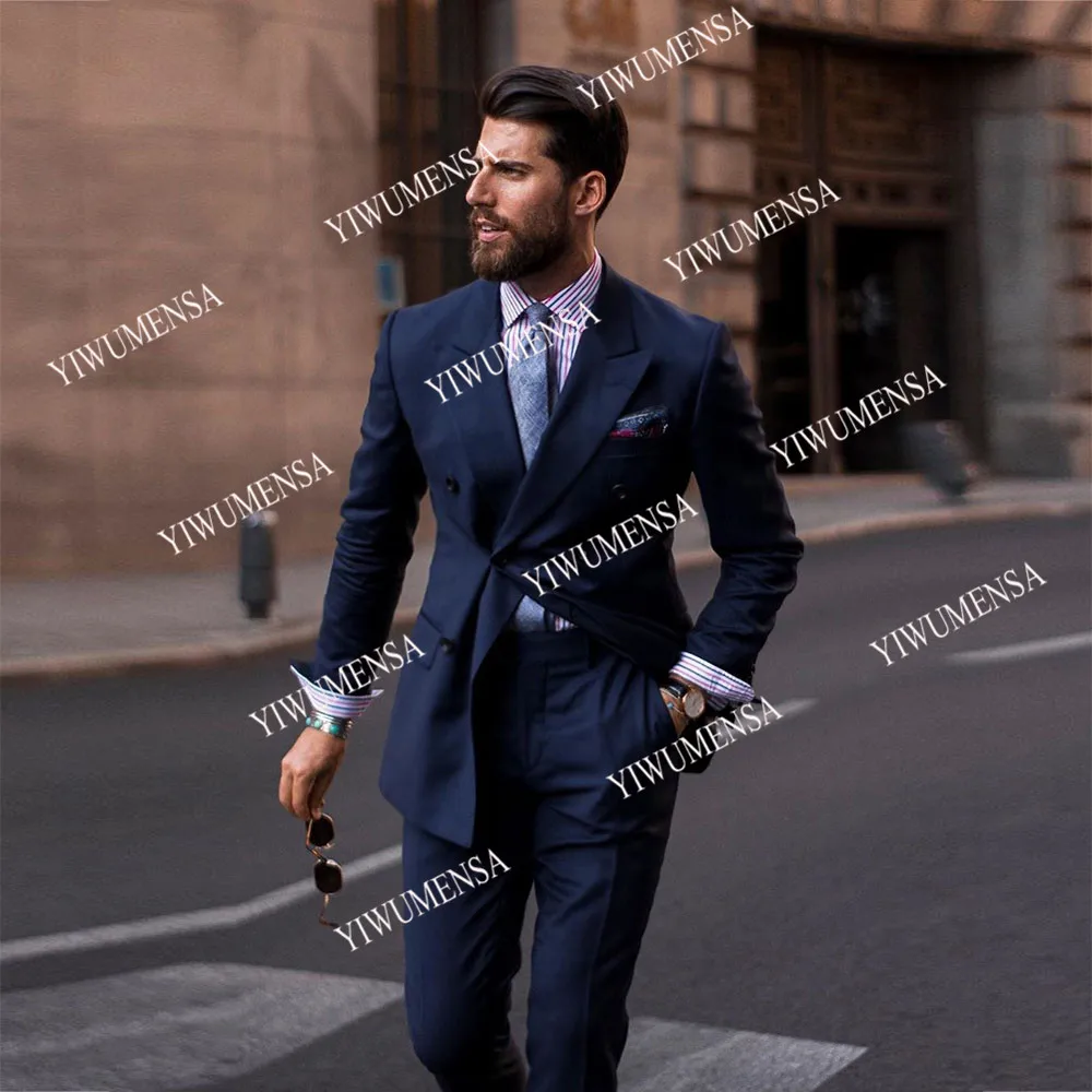 

Spring/Autumn Pinstripe Navy Business Men Suits Custom Made Doubel Breasted Jacket With Pants Formal 2 Pieces Set Blazer Tuxedos