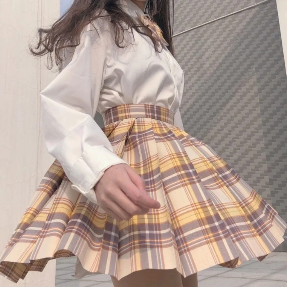 Japanese School Girl High Waist Pleated Skirts Anime Cosplay School Uniform Jk Student Girls Pleated Skirt Yellow Lattice Skirts