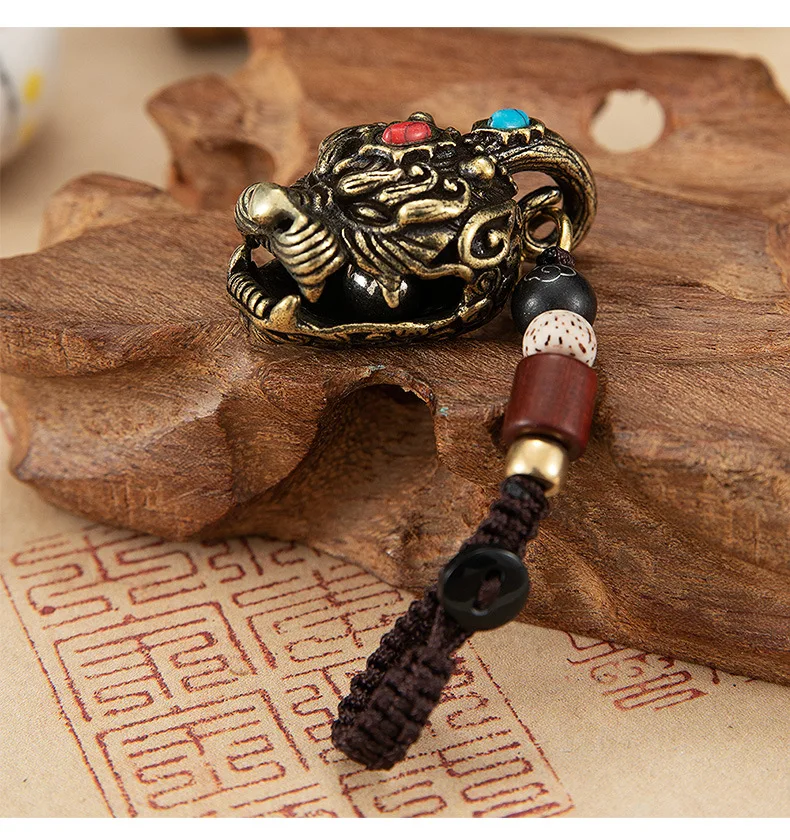 Brass Gourmet Bell Keychain Facebook Golden Toad Dragon Head Key Chain Pure Copper Keychain Bell Braided Rope Pendant DIY Pet
