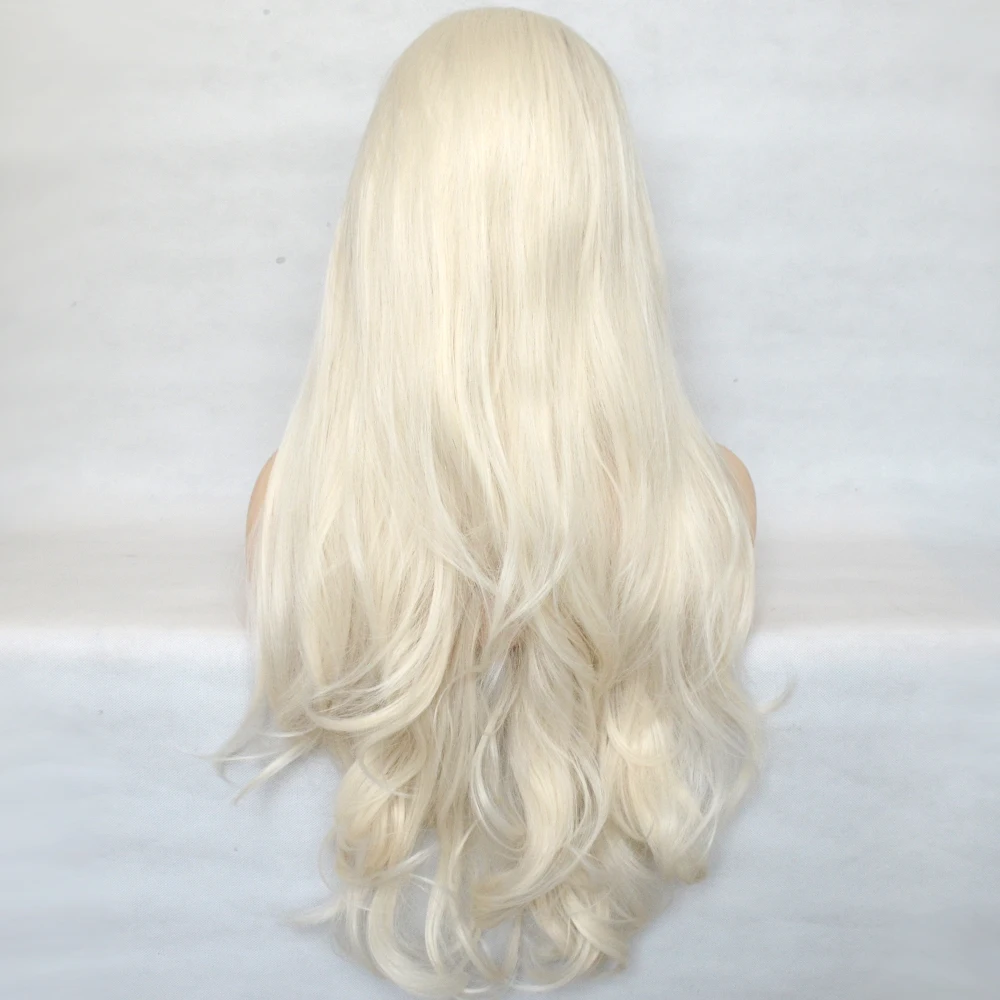 Voguequeen Platinum Blonde Synthetic Lace Front Wig Long Wave Hair Heat Resistant Fiber Natural Hairline For Women