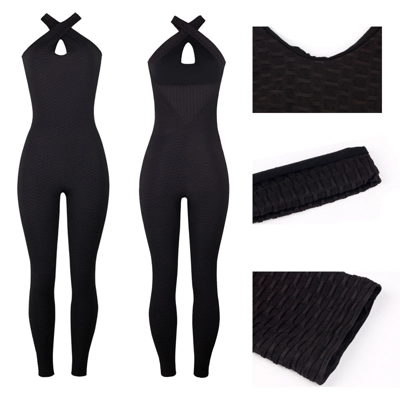 New Folding Push Up Fitness Rompers Womens Sets Long Jumpsuits Skinny Backless Sleeveless Halter Across Playsuit Sexy Bodysuit