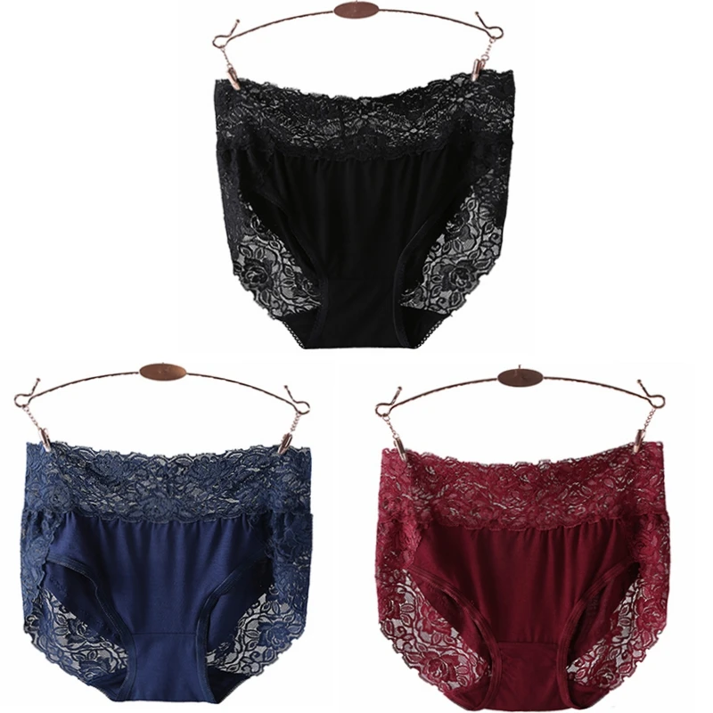 3Pcs/lot Sexy Briefs Intimates Women Underwears Plus Size 6XL 7XL Soft Modal Cotton Lace High Waist Female\'s Panties Sets