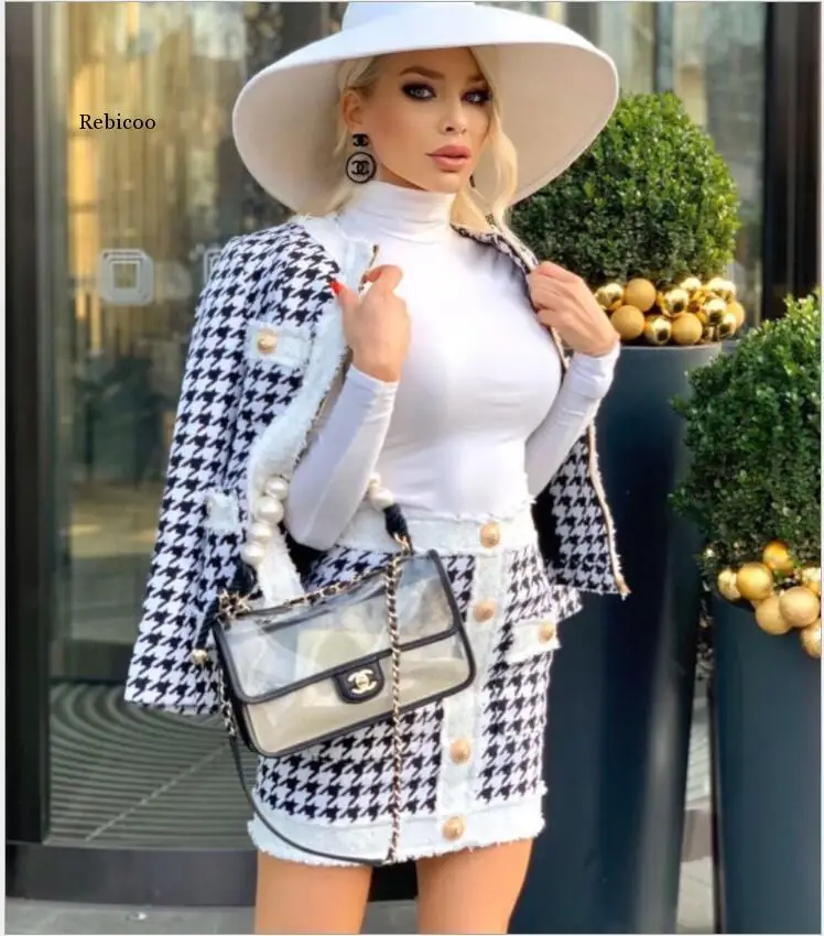 Spring Two-pieces Women Chic Houndstooth Casual Jacket Coat+Gold Button Mini Ladies Office Skirt Suit