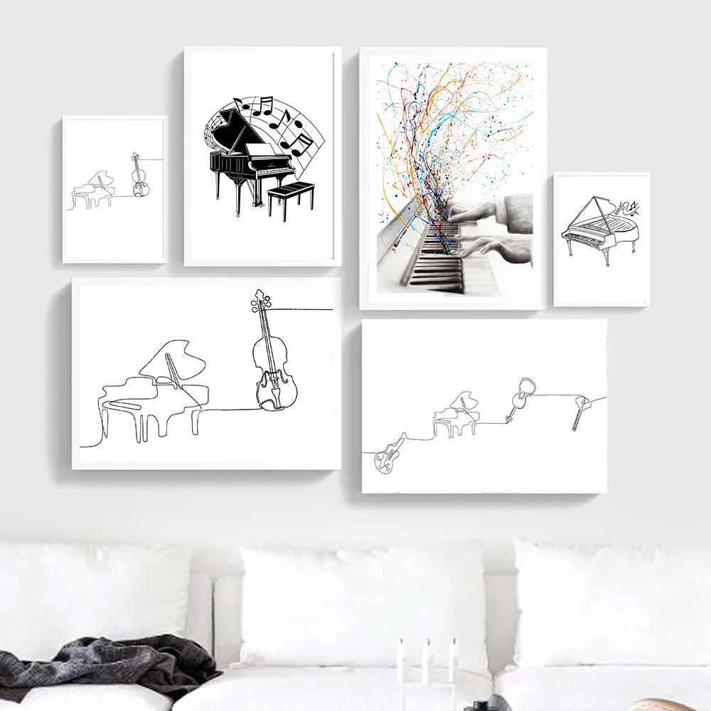 Nordic Black White Piano Abstract Line Draw Canvas Wall Art Minimalist Poster Decorative Home Picture