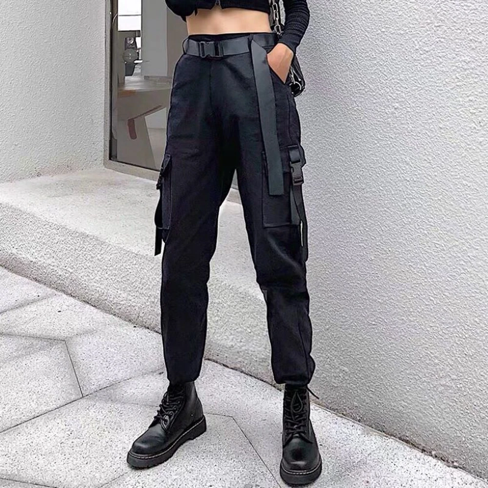 

Black High Waist Cargo Pants Women Pockets Patchwork Loose Streetwear Pencil Pants ribbons baggy chic Hip Hop Punk track pants