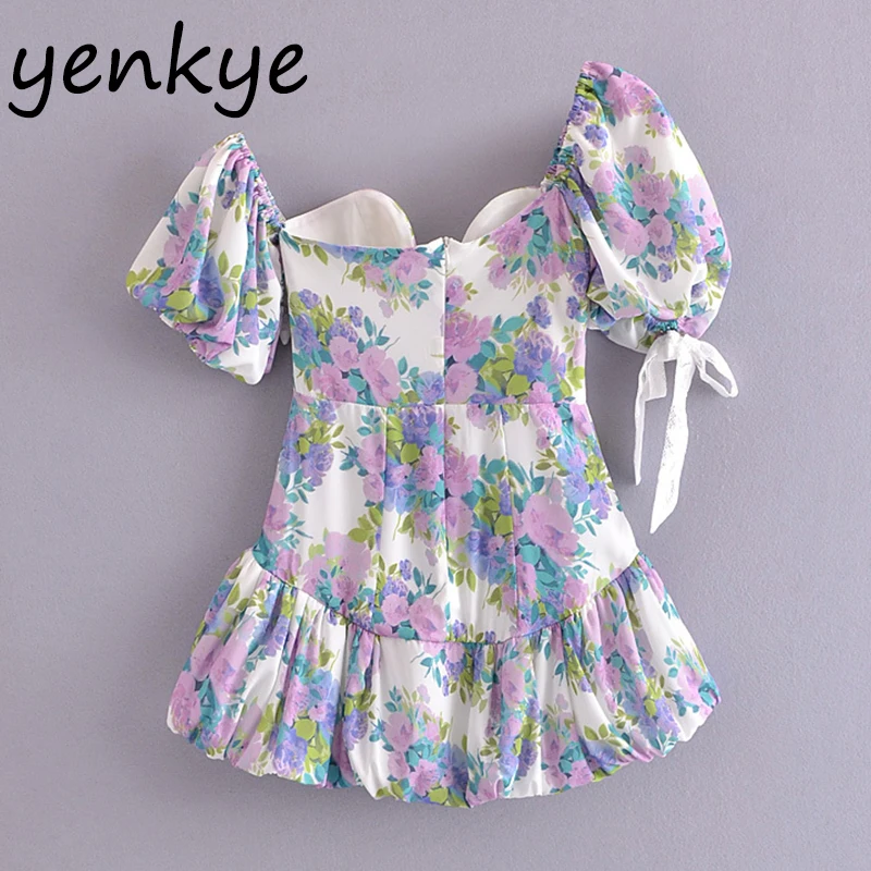 Yenkye Zoete Bloemenprint Asymmetrische Bladerdeeg Mouw Jurk Vrouwen Zomer Sexy Party Mini Jurken Elegante Dames Korte Chic Robe