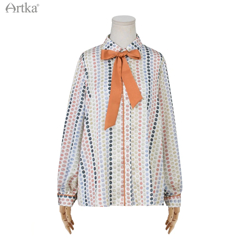 ARTKA-Blusa holgada de gasa con manga larga para mujer, camisa elegante con lazo y estampado de lunares, Estilo Vintage, 2021, SA22015C