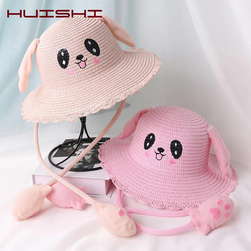 HUISHI Summer Hat For Baby Girl Straw Cute Cartoon Dance Airbag Ears Rabbit Hat For Kids Boy Girls Beach Panama Cap Foldable