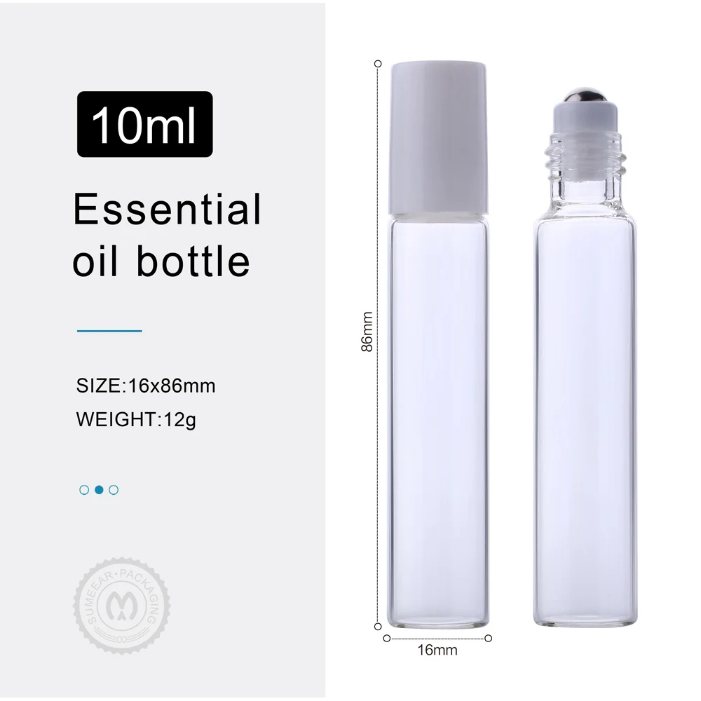 100 Pcs/Pack 10ml Transparent Thin Glass Roll on Bottle Sample Test Essential Oil Vials with Roller Metal /Glass Ball