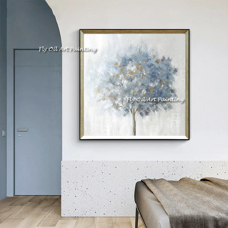 Simple abstract 100% Handmade Acrylic pure colour blue tree abstract wall art handmade image for living room