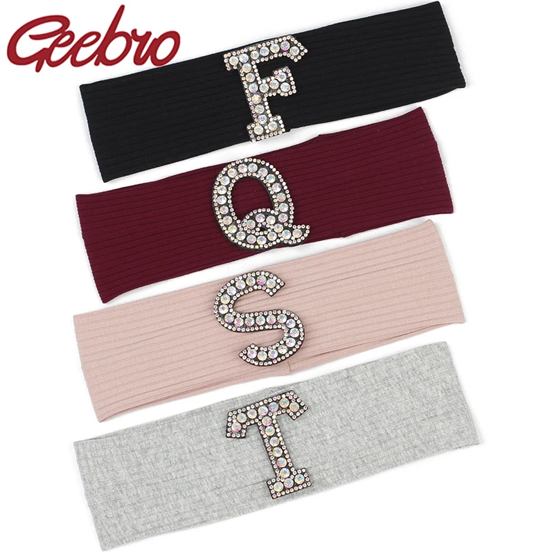 Geebro Newborn Baby Girls AB Crystal Rhinestone letter Ribbed Cotton headbands Kids Toddler Cute Elastic Hair band Accessories