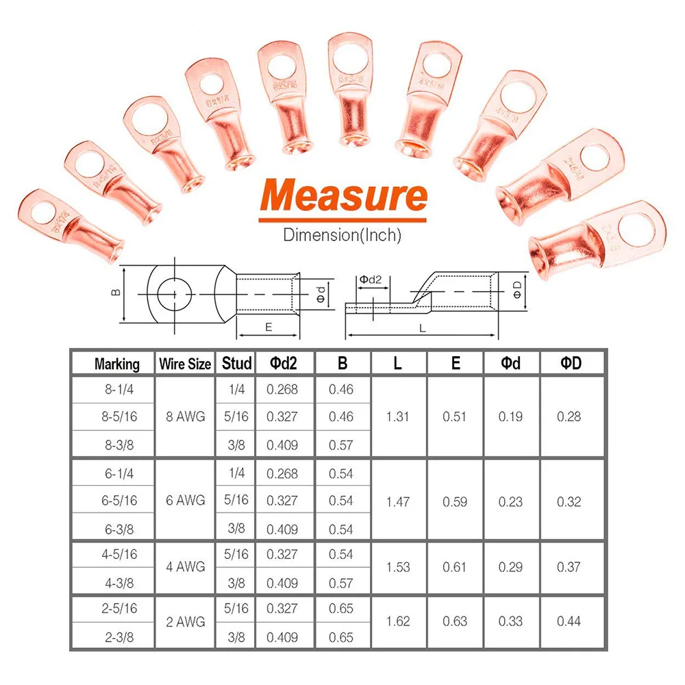 2Pcs=1lot Red copper Lugs Ring Battery Soldered Terminals M6/M8/M10 Bare Cable Electric Crimp Wire Connectors Kit