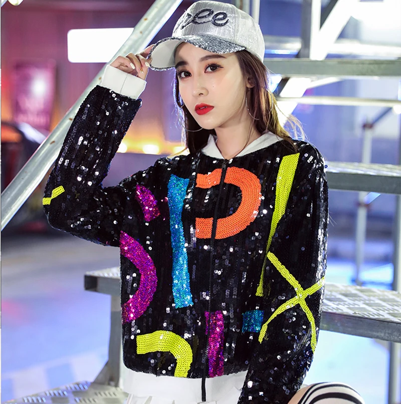 

Baseball Sequined Jackets Womens 2024 Spring Fashion Brand Loose Short Coat Korean Style Hip-Hop Dance Jacket Black Windbreaker