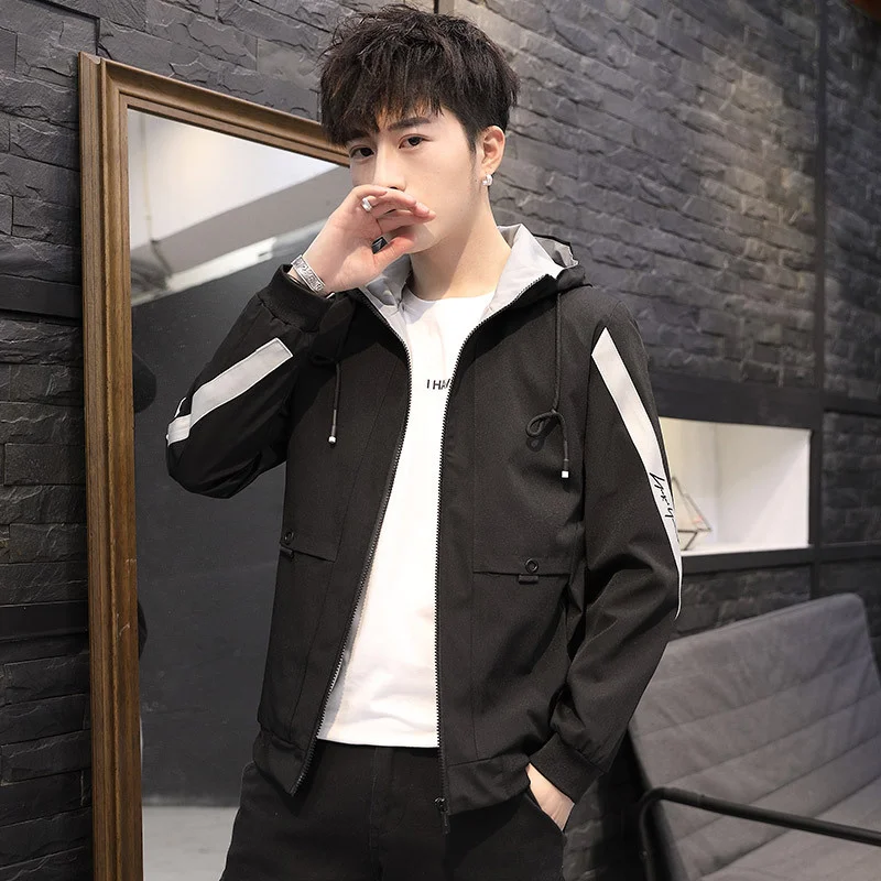 

Pockets Jacket All-match Spring And Autumn Male Lapel Hooded Korean Version Comfortable Trend Student Daily Wild Loose Coat