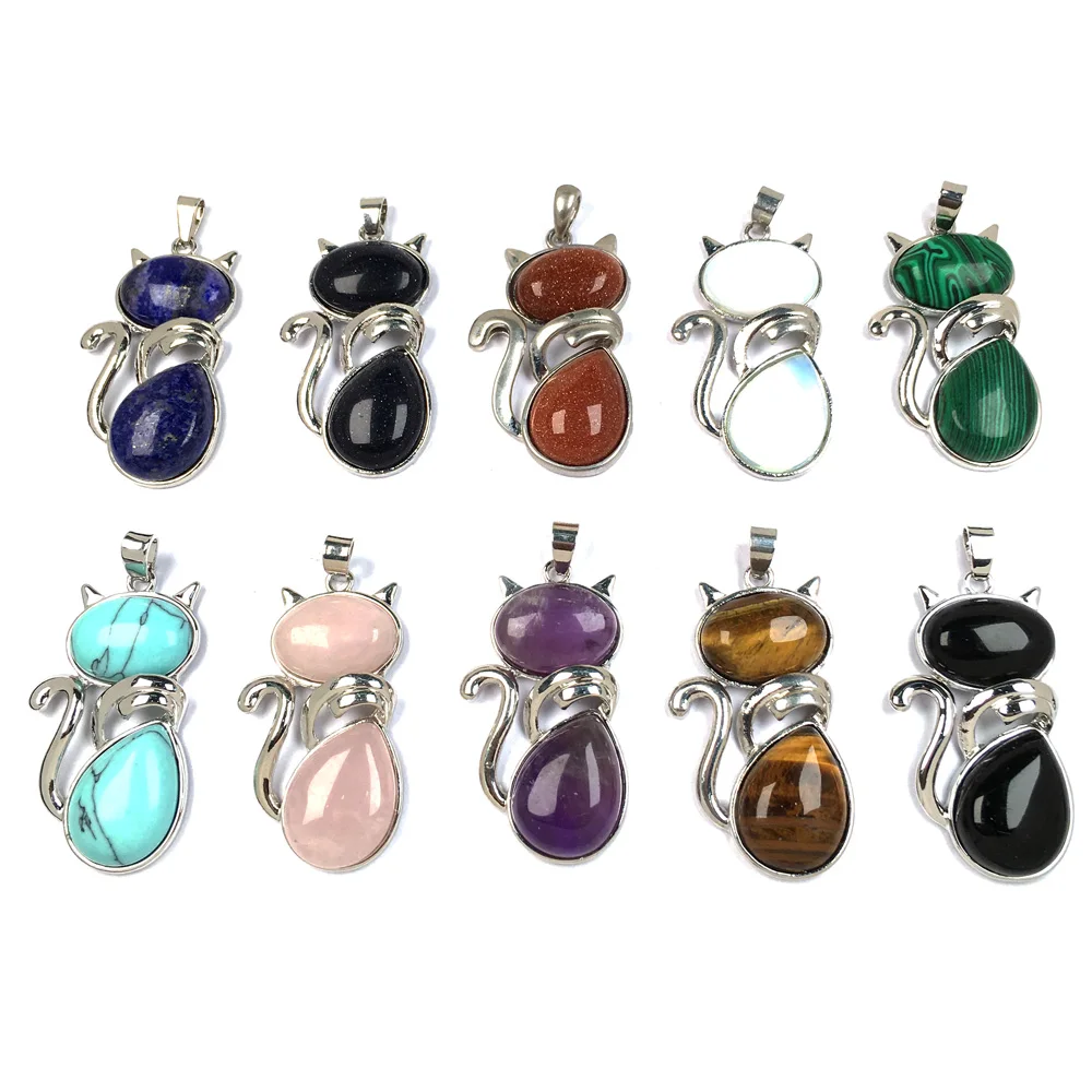 Natural Stones Cat Shape Flat Bead Pendant Cute Kitten Plated Pendants For Jewelry Making DIY Reiki Necklaces Accessories