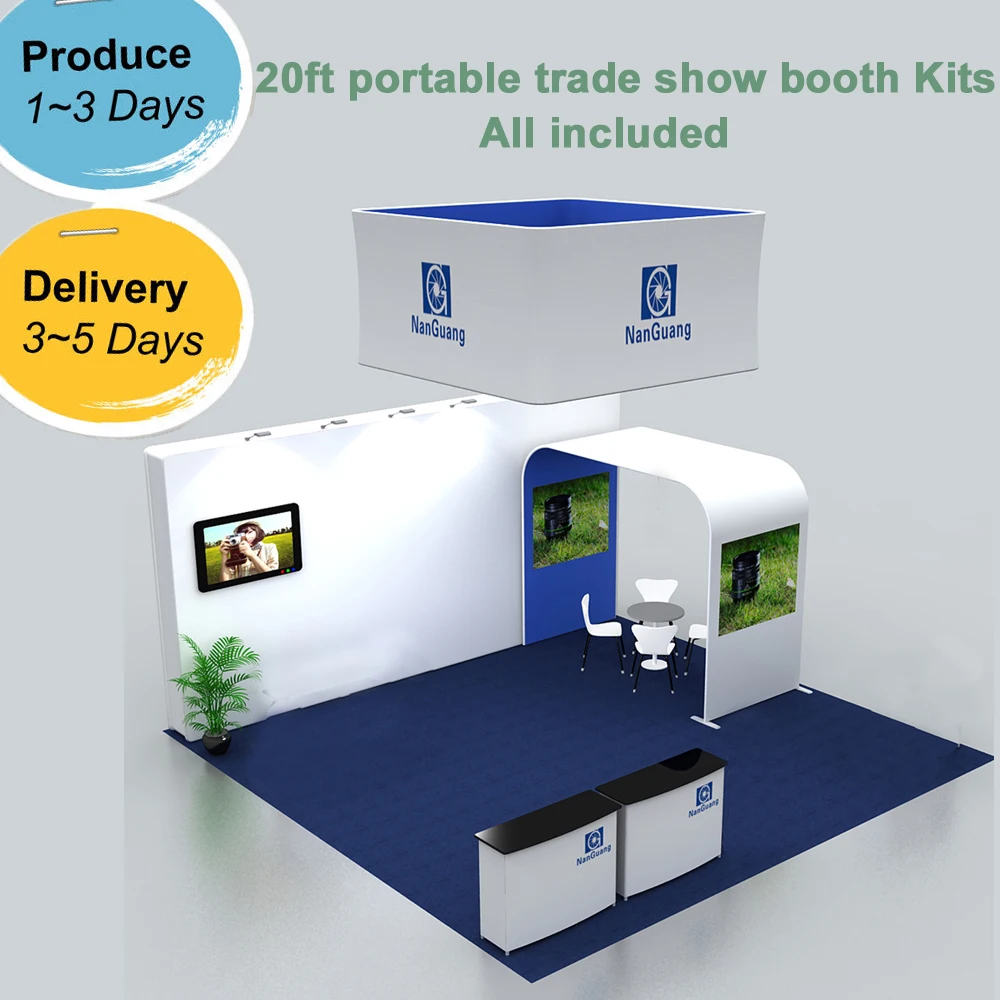 20ft Portable Trade Show Display Booth with Back Wall Archway Hanging Sign Counter Lights Pop Up Stand