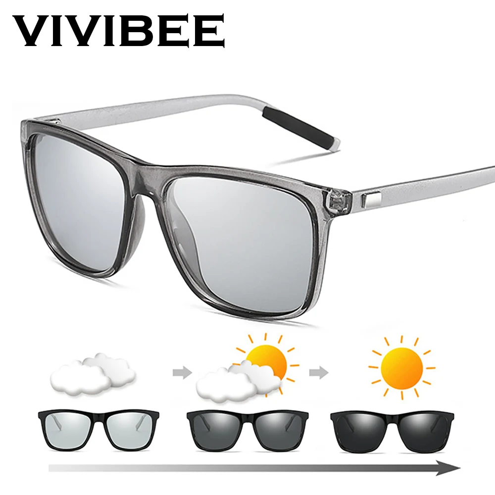 Color Change Grey Frame Photochromic Polarized Sunglasses Men Square Classic Chameleon Glaases Transition Lens Eyewear