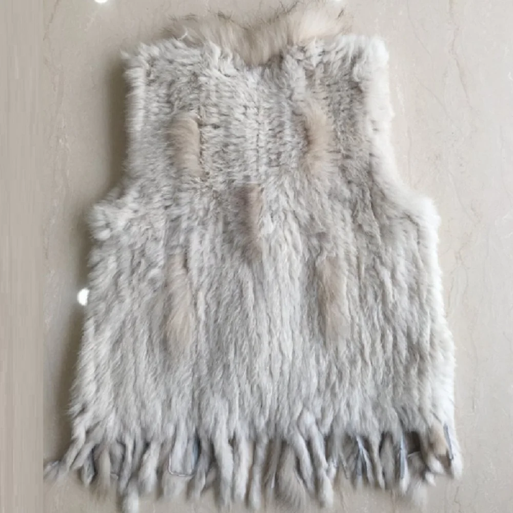 raccoon dog fur collar trim women knitted natural rabbit fur vest gilet/waistcoat high quality hot sale retail/wholesale