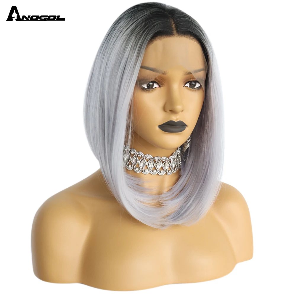 Perruque Lace Front Wig synthétique lisse Ombre – Anogol, perruque Bob noire grise en Fiber avec raie au milieu pour femmes