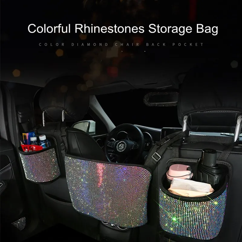 

Car seat bag car storage bag car garbage storage bag multifunctional cartoon sundries hanging bag colorful rhinestonesbottle bag