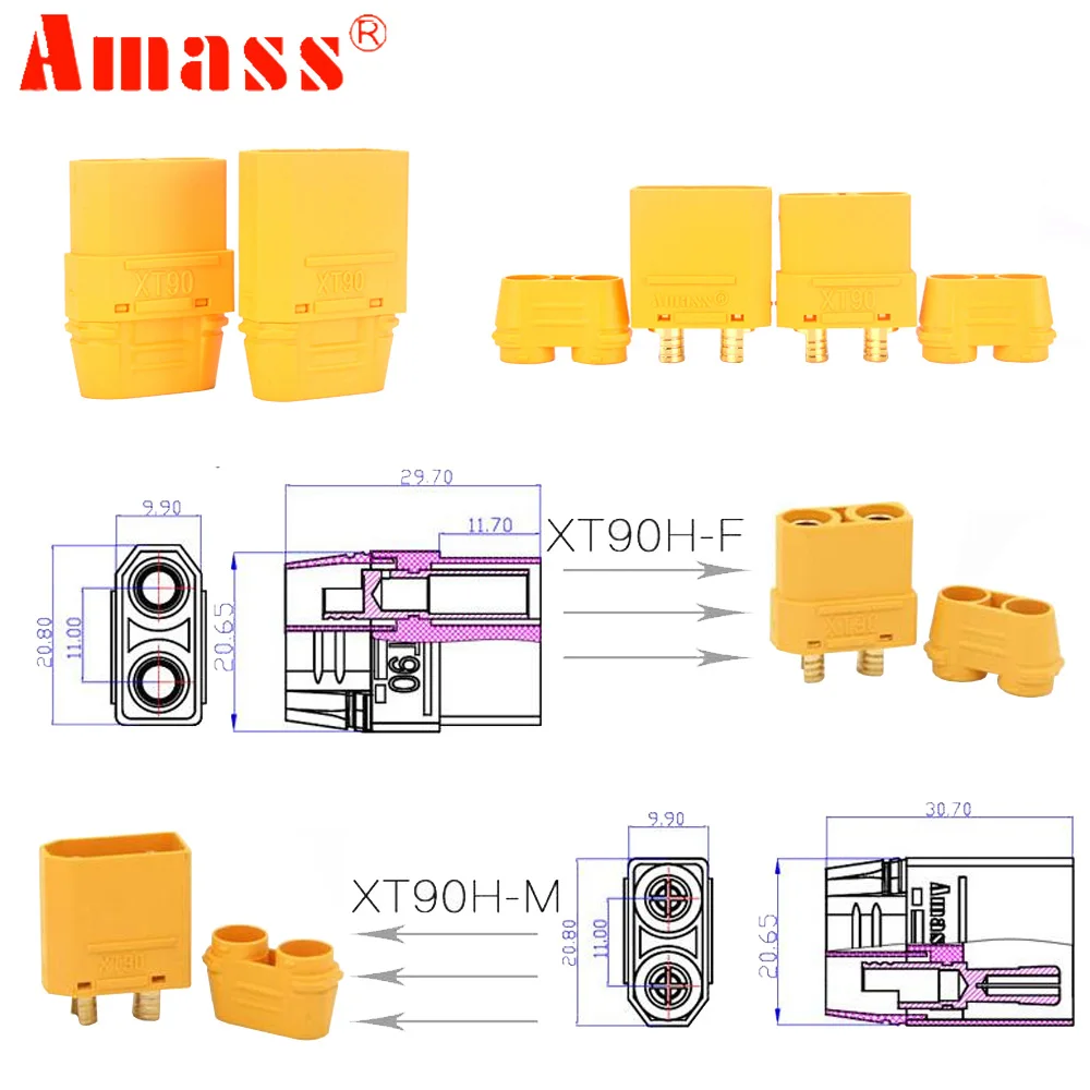 2 pary / partia Amass XT90 Wtyczka męska żeńska Złącza akumulatora 4,5 mm Pozłacana wtyczka bananowa do RC Lipo Samochód Samolot Dron Ciężarówka