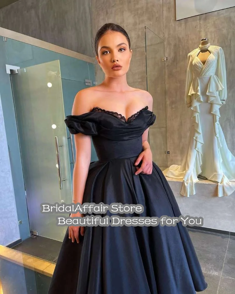 BridalAffair Ball Gown Prom Dresses Off Shoulder Black Satin Vintage Graduation Celebrity Dress A-Line Tea Length Party Gowns