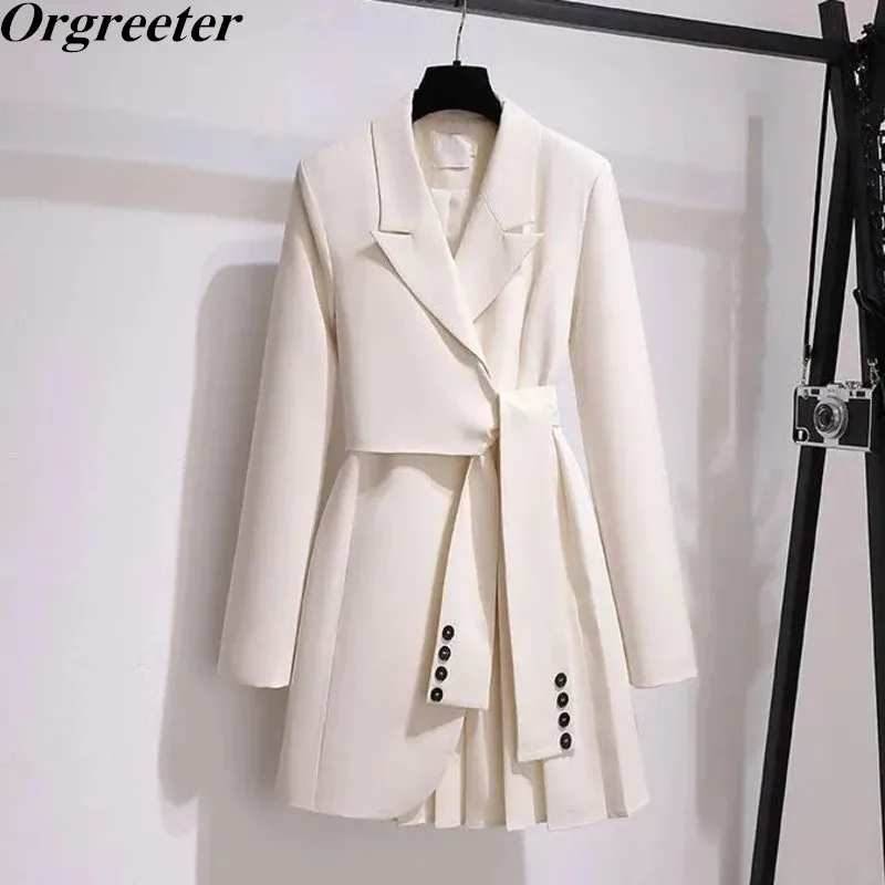 Korean Fashion Temperament White Dress Autumn New Lace Up Waist Notched Long Sleeve Mini Pleated Blazer Dresses for Women