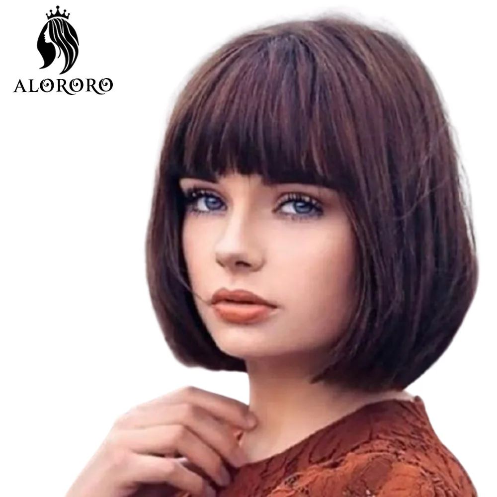 Alororo Short Bob Wig with Bangs 10 inches Red Black High Temperature Fiber Synthetic Wig Fashion Wigs for Women Daily Use