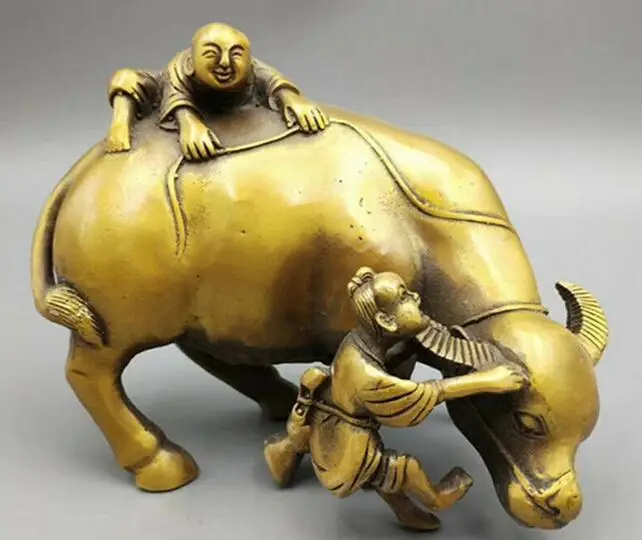 

4.7"Collect Chinese Bronze Young Boy Girl Ride Bull Oxen Cattle Ox Animal Statue