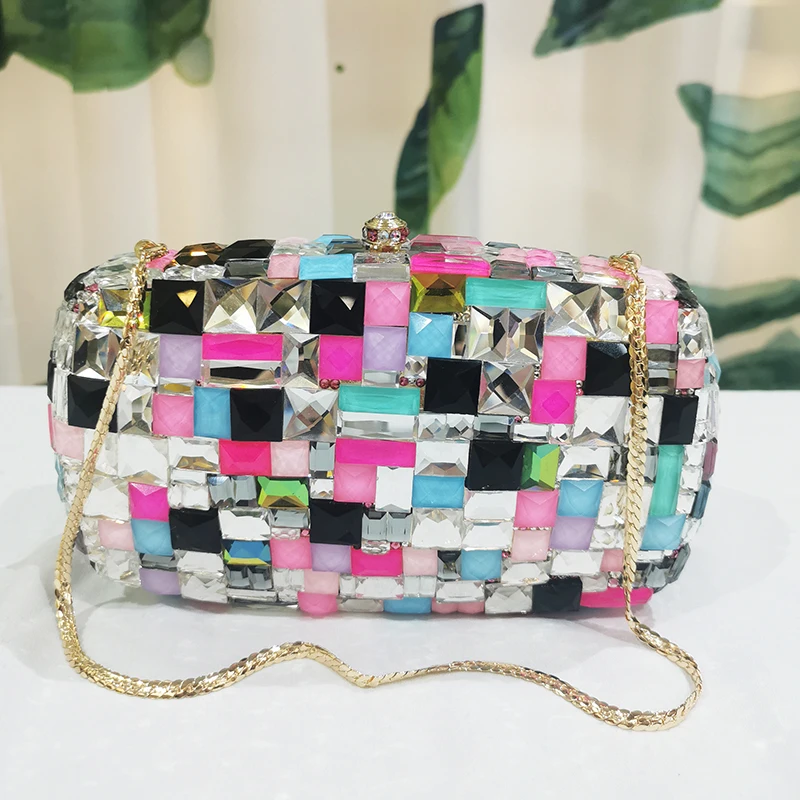 

New Arrival Multi-Colored Big Stone Women Bag European And American Style Cellphone Clutches Party Shoulder Chain Small Purses