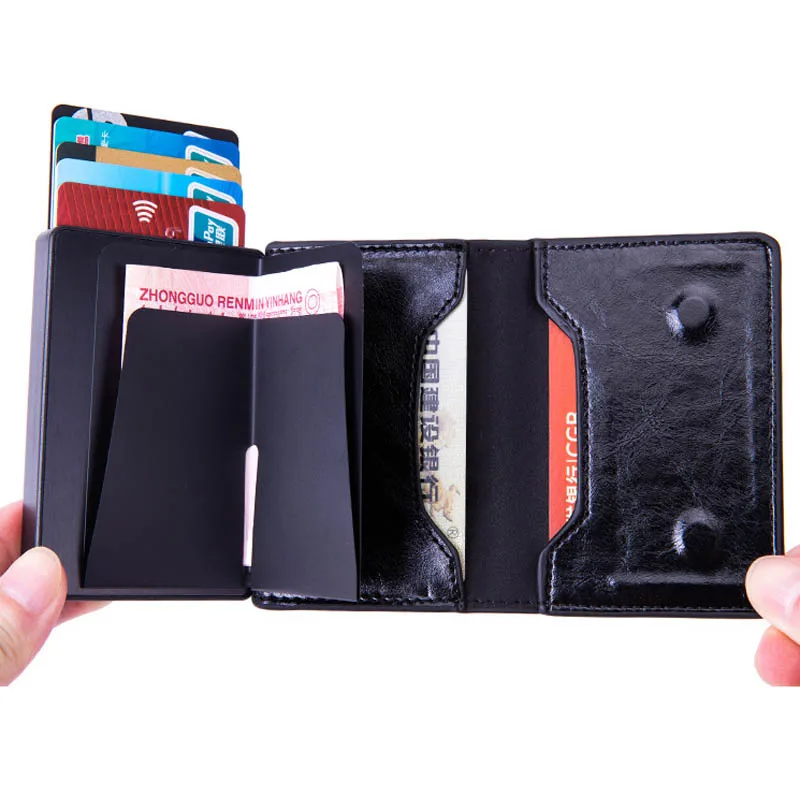 Crazy Horse Leather Men Aluminum Wallet Back Pocket ID Card holder RFID Blocking Magic Wallet Automatic Credit Card Coin Purse