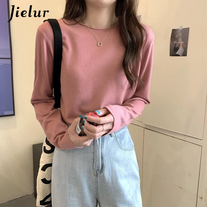 Jielur 16 Colors Autumn Winter Korean Top Female Loose Knitted Sweater Women Long Sleeve Basic Tee Shirt Casual Pure Knitwear